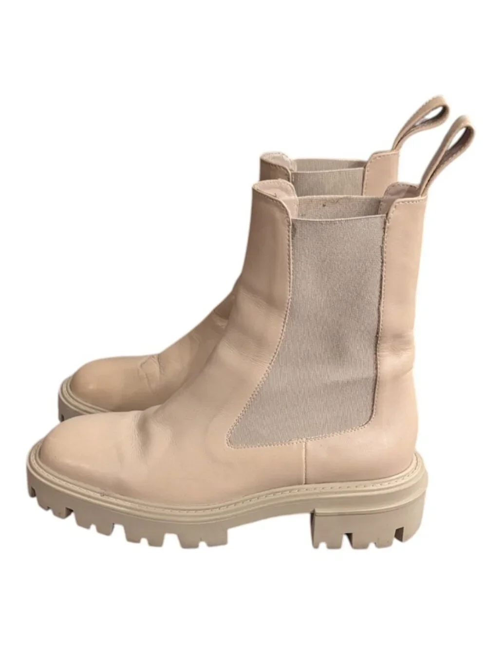 Zara Womens Beige Leather Chunky Lug Sole Chelsea Ankle Boots Sz 37 / 6.5 - Picture 3 of 7